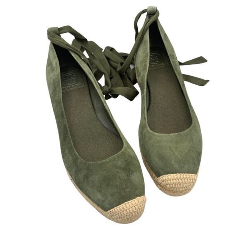 Tory Burch Suede Lace up Wedge Espadrille Shoes Military Green, Size 8